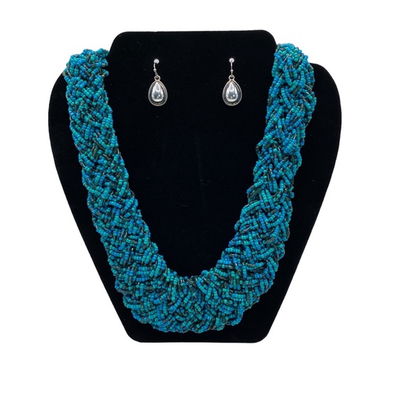 Seed Bead Necklace Wide Braided Artisan Made Blue Green - Picture 3 of 8